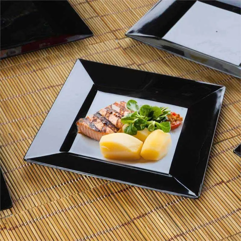 10 Pack 6" Glossy Black Square Disposable Salad Plates With Wide Rim