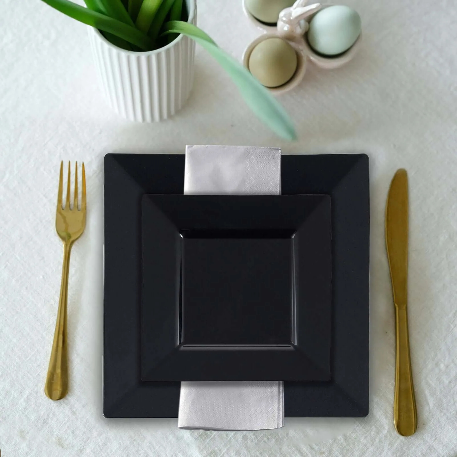 10 Pack 6" Glossy Black Square Disposable Salad Plates With Wide Rim