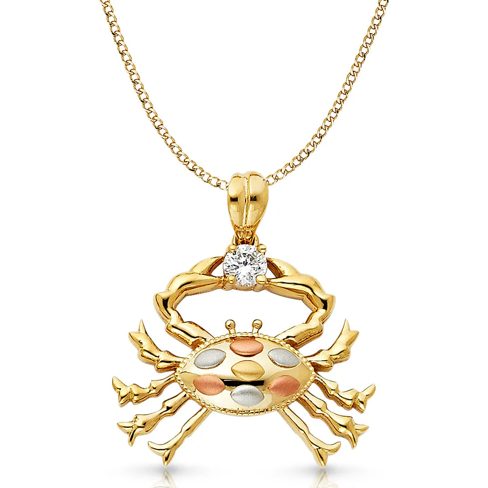 14K Gold CZ Crab Charm Pendant with 3.4mm Hollow Cuban Chain Necklace