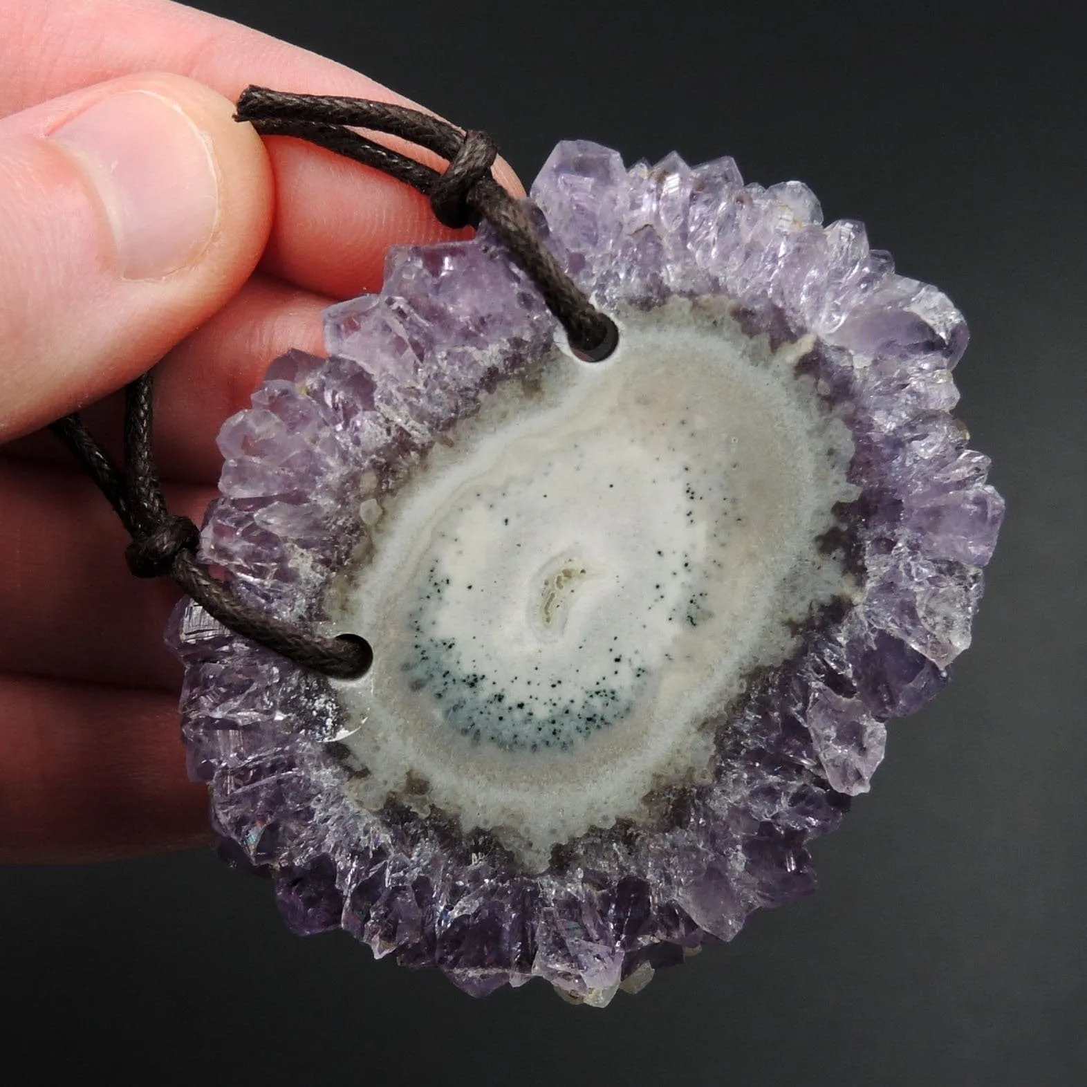 2 Hole Pendant Amethyst Stalactite Flower Pendant Drilled Stalactite Flat Slice Freeform One of a Kind Natural Gemstone Pendant Bead P1610