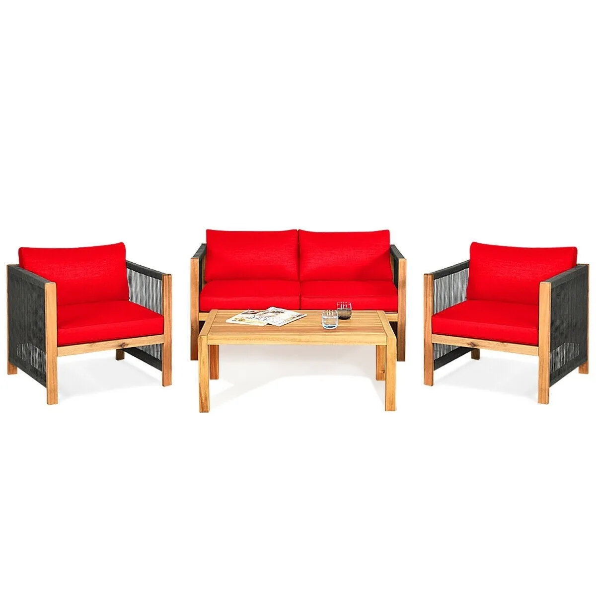 4pc Acacia Wood Outdoor Patio Furniture Set with Cushions - Red