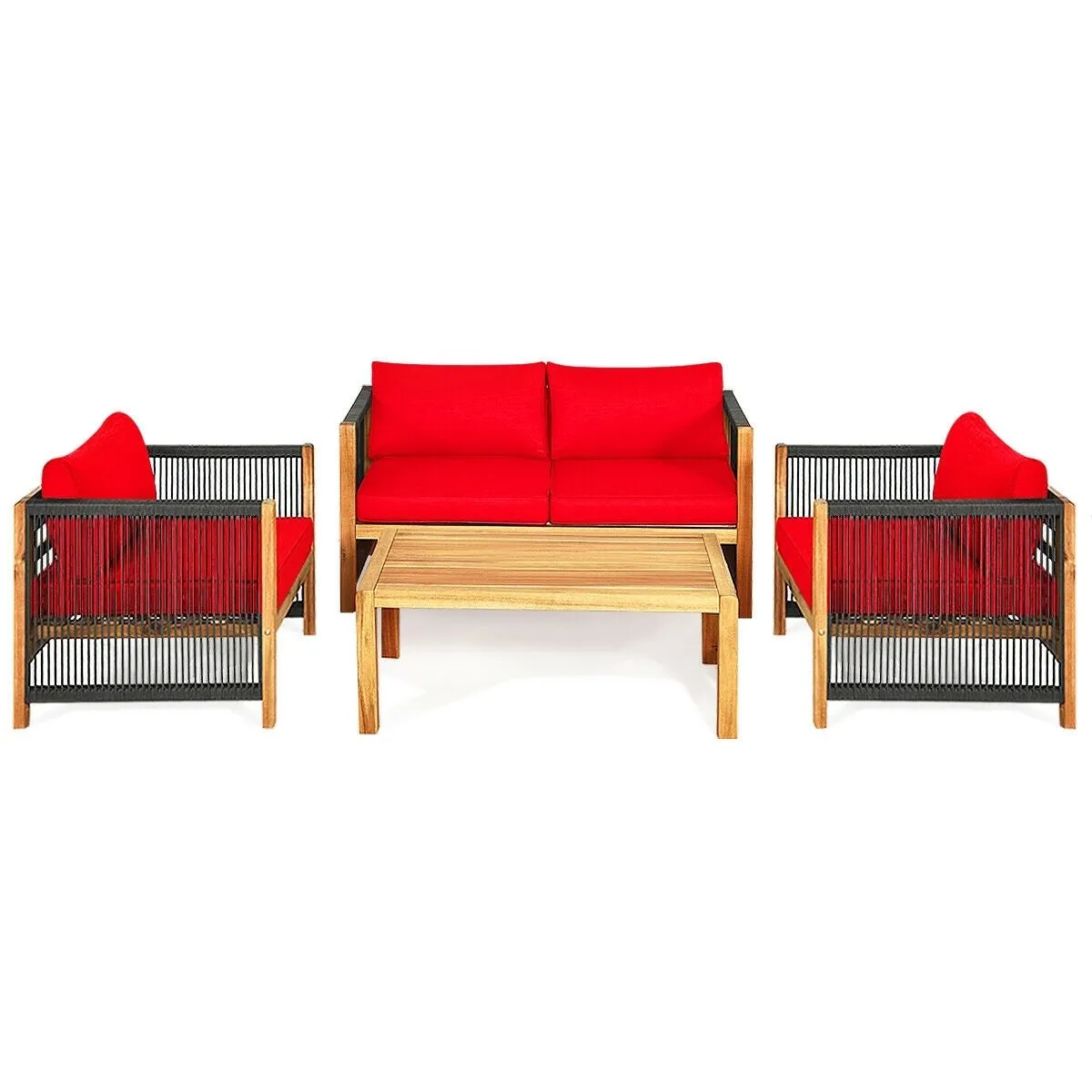 4pc Acacia Wood Outdoor Patio Furniture Set with Cushions - Red