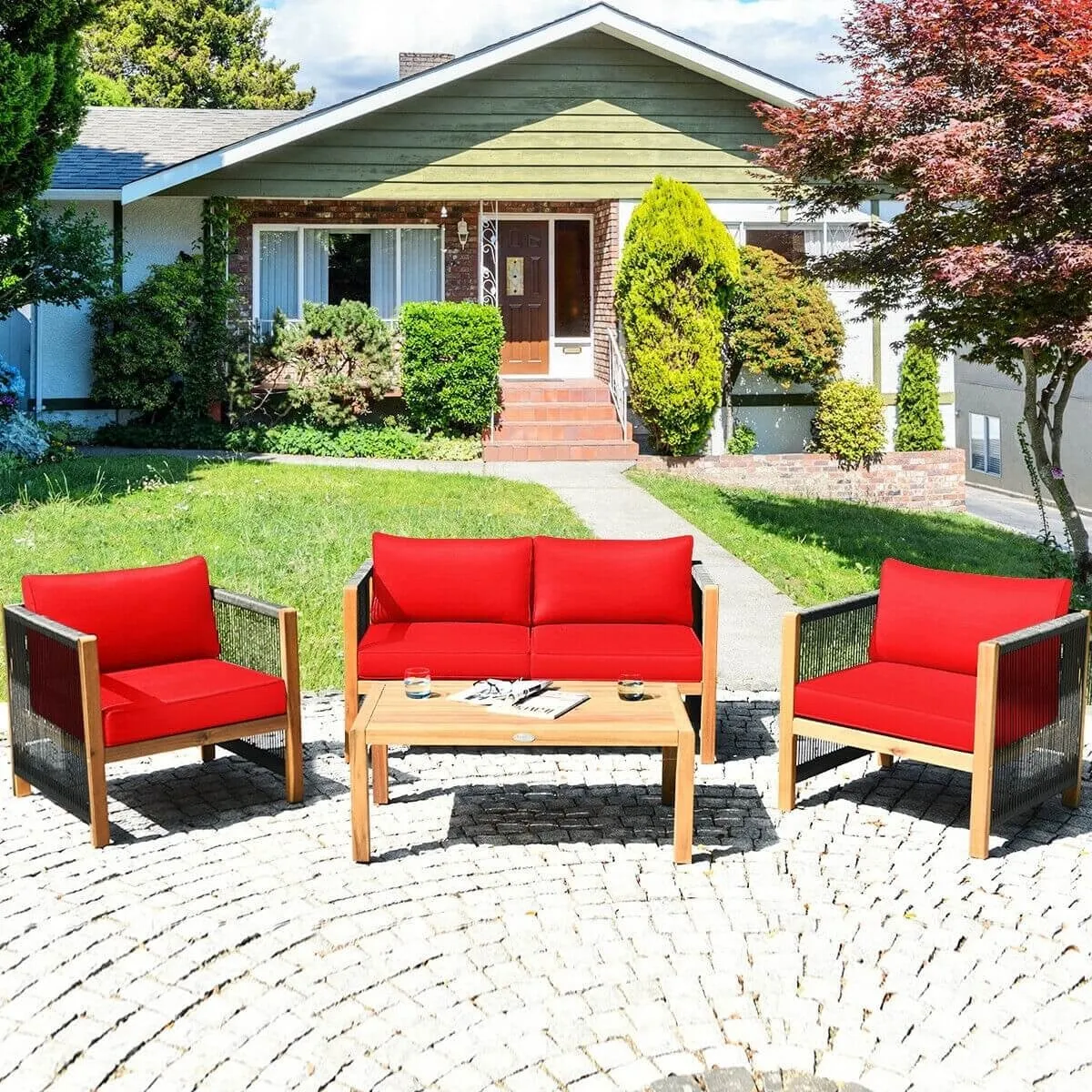 4pc Acacia Wood Outdoor Patio Furniture Set with Cushions - Red