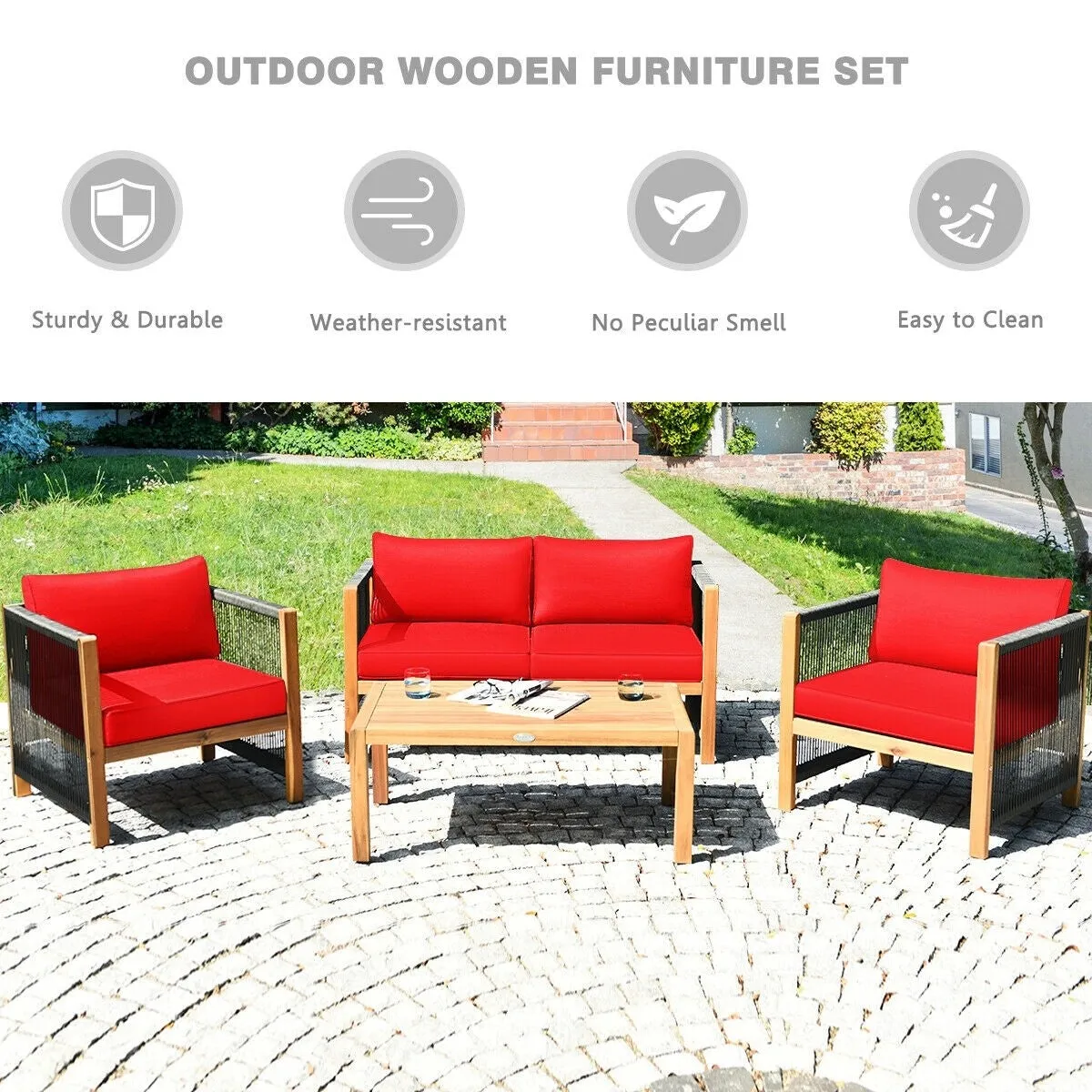 4pc Acacia Wood Outdoor Patio Furniture Set with Cushions - Red