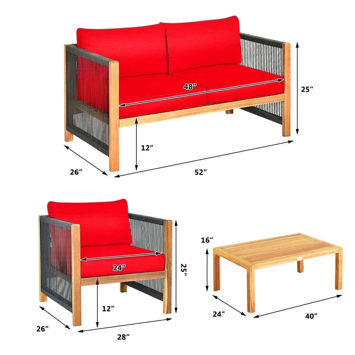 4pc Acacia Wood Outdoor Patio Furniture Set with Cushions - Red