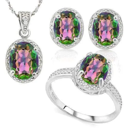 7 2/5 CARAT GREEN MYSTIC GEMSTONE & DIAMOND 925 STERLING SILVER JEWELRY SET