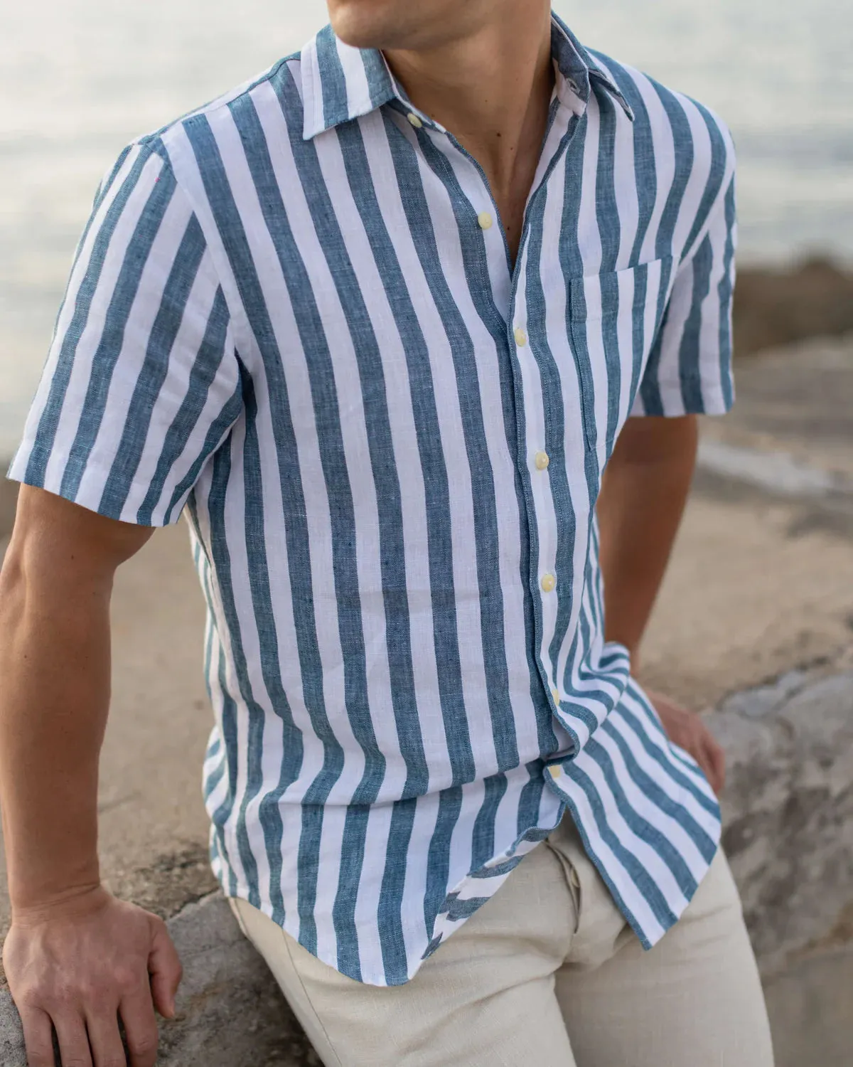 Alex Crane wave blue white stripe Ola Linen Shirt