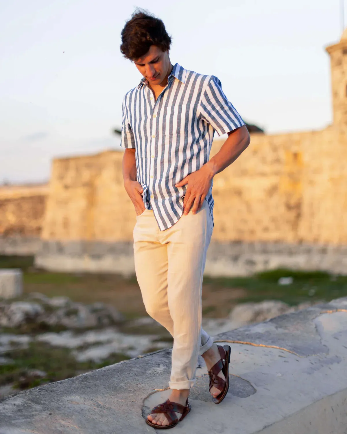 Alex Crane wave blue white stripe Ola Linen Shirt