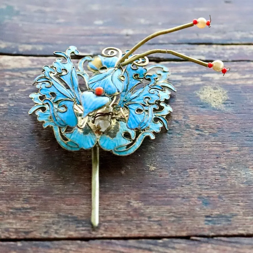 Antique Tian-Tsui (點翠) Hair Pin - Butterfly/Moth - 1034