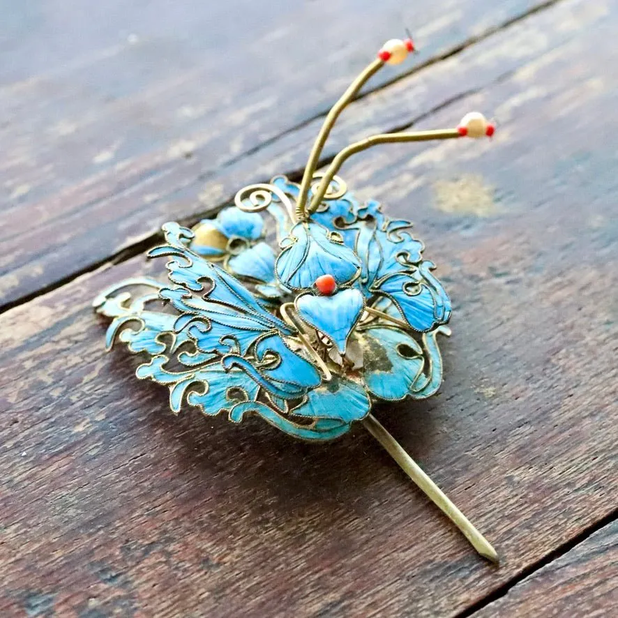 Antique Tian-Tsui (點翠) Hair Pin - Butterfly/Moth - 1034