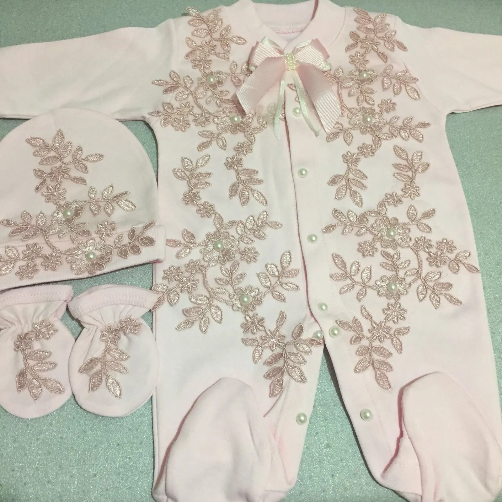 Appliqued Lace Pearly Set 3PCS Pink