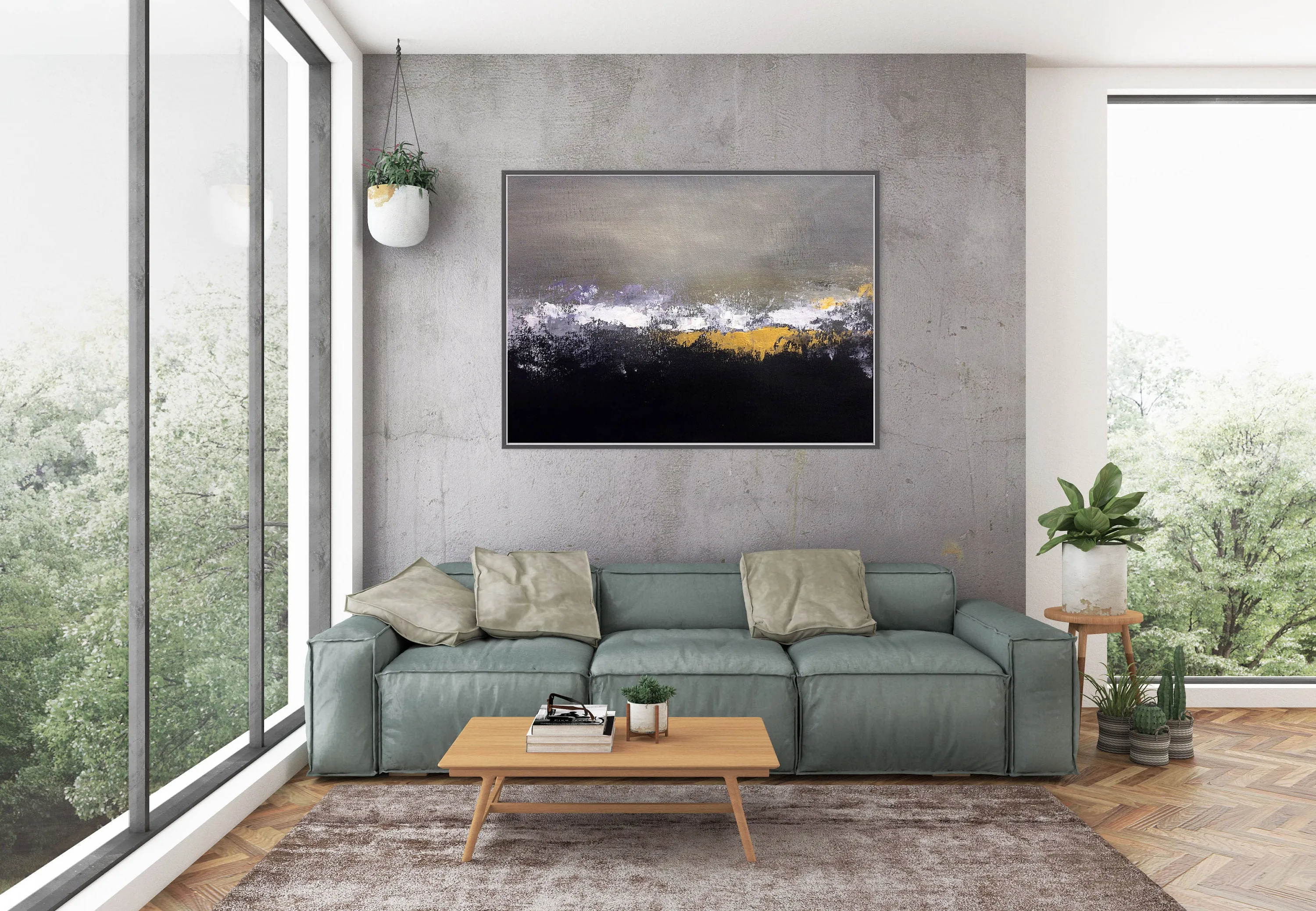 Black Grey Gold Abstract Painting Modern Decor Large Artwork Bp107