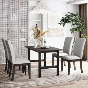 Farmhouse 5-Piece Wood Dining Table Set for 4, Kitchen Furniture Set with 4 Upholstered Dining Chairs for Small Places, Gray Table Gray Chair