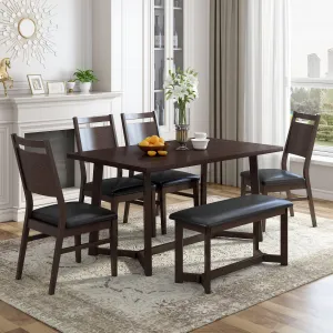 Farmhouse 6-Piece Dining Set, Wood Table with Upholstered Chairs & Bench