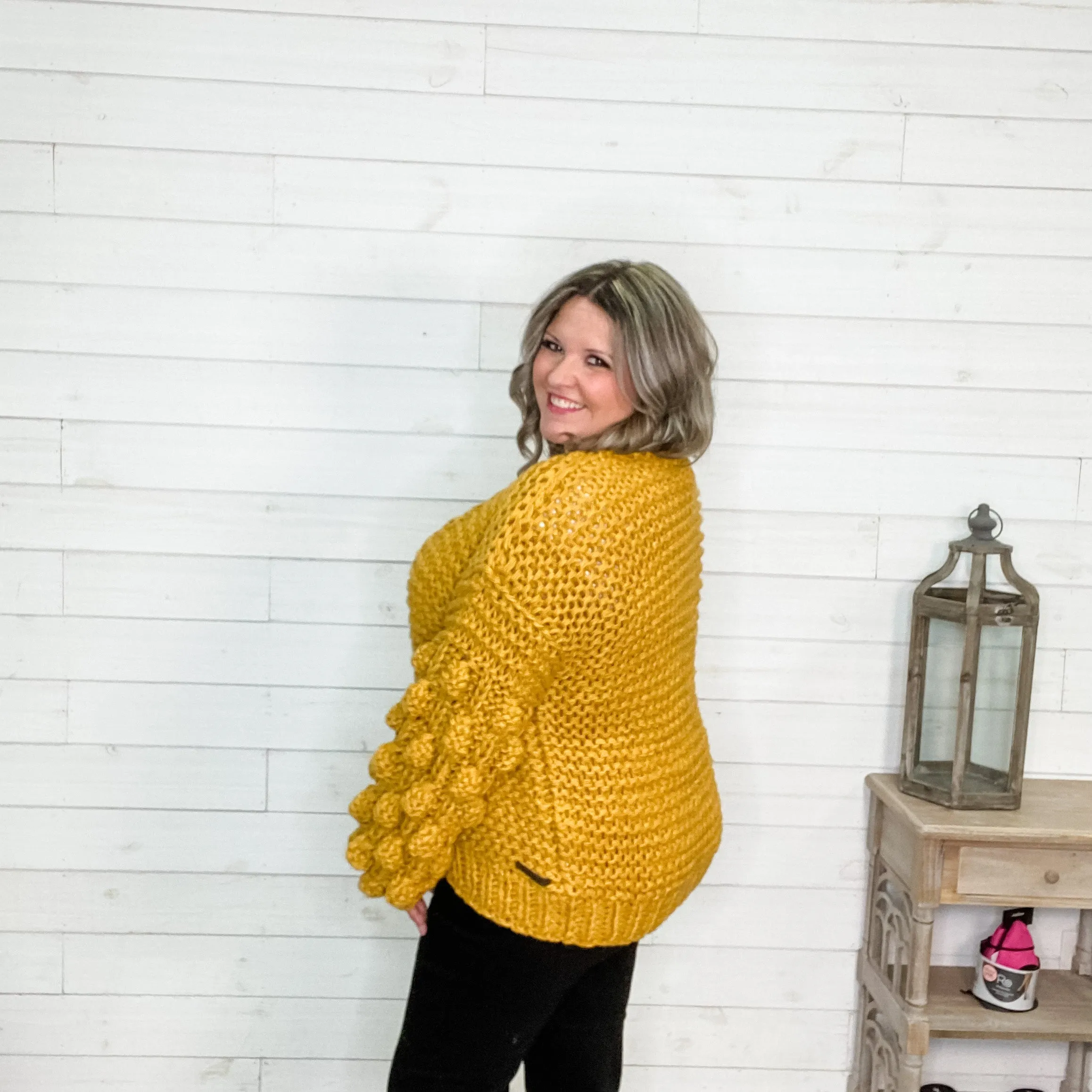 "Desi" Large Weave Pom Pom Sleeve Cardigan (Mustard)