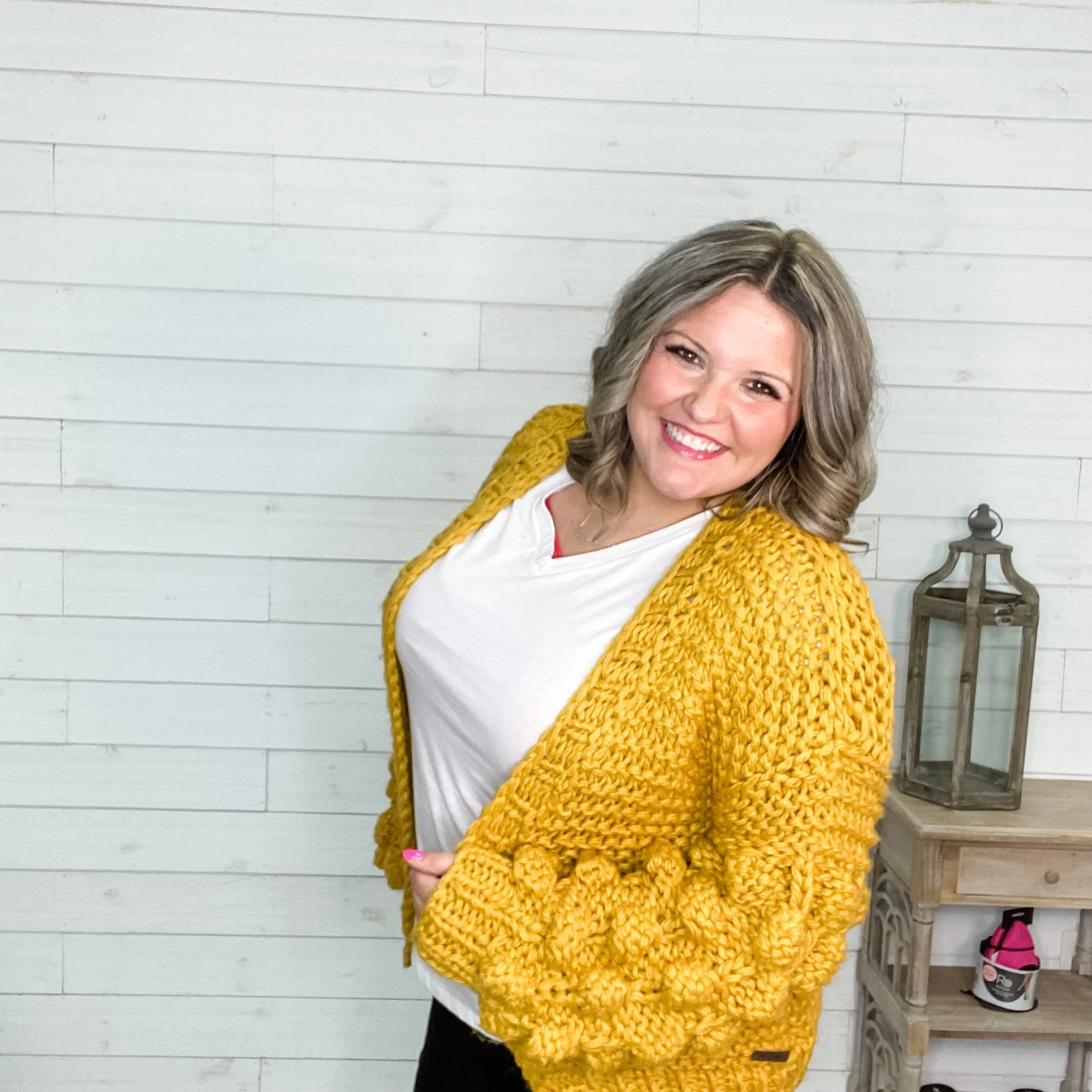 "Desi" Large Weave Pom Pom Sleeve Cardigan (Mustard)