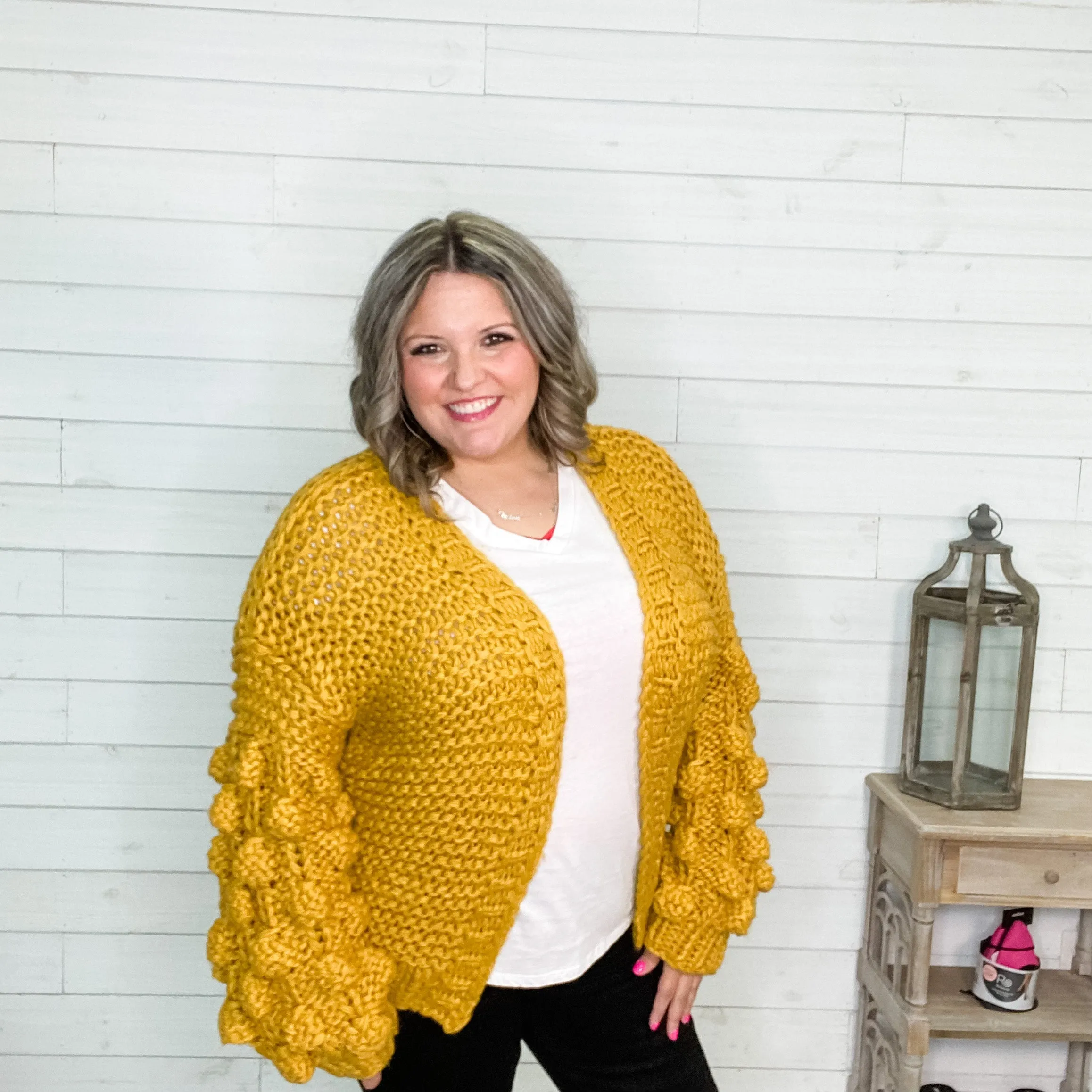 "Desi" Large Weave Pom Pom Sleeve Cardigan (Mustard)