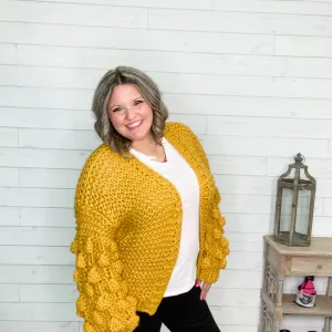 "Desi" Large Weave Pom Pom Sleeve Cardigan (Mustard)