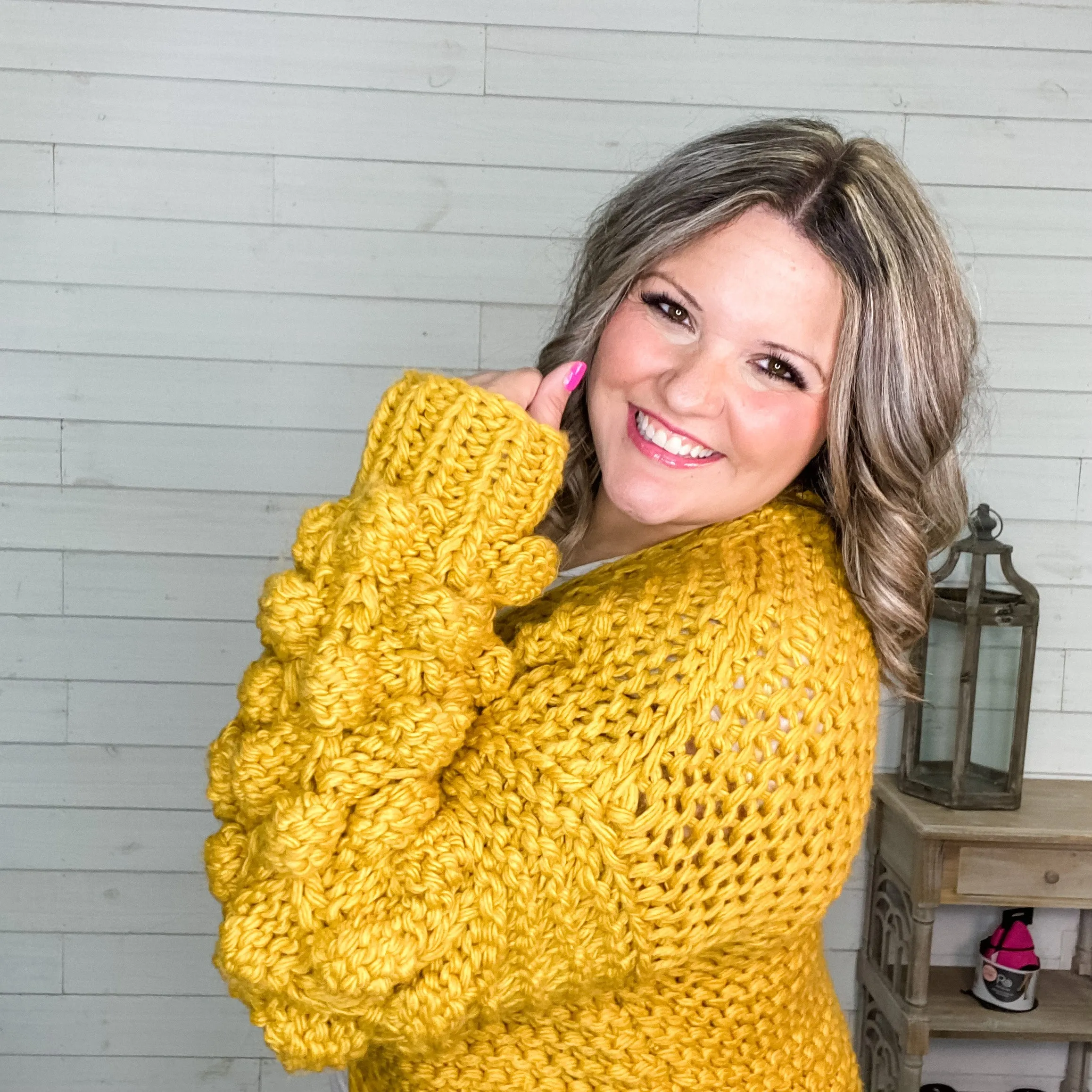 "Desi" Large Weave Pom Pom Sleeve Cardigan (Mustard)