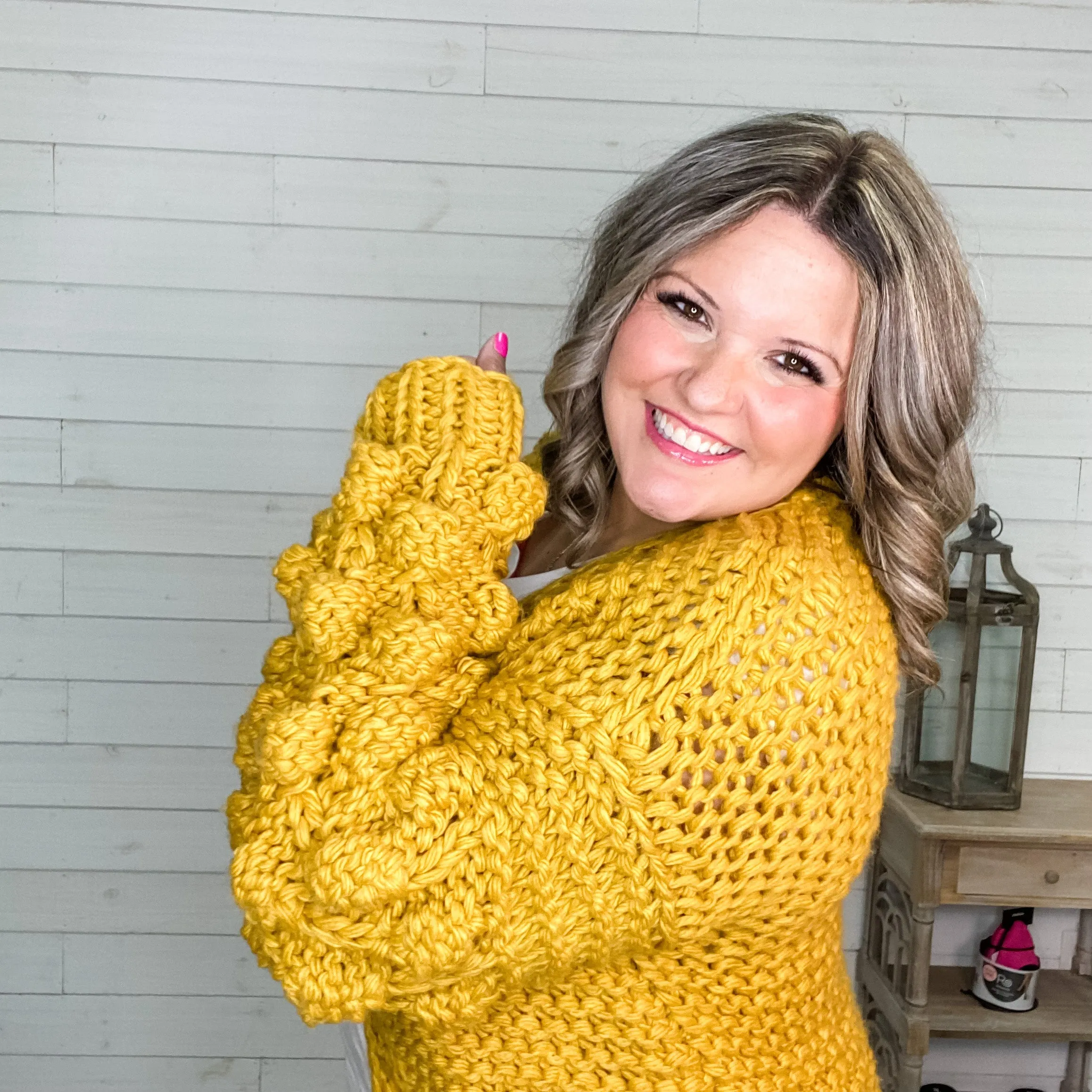 "Desi" Large Weave Pom Pom Sleeve Cardigan (Mustard)