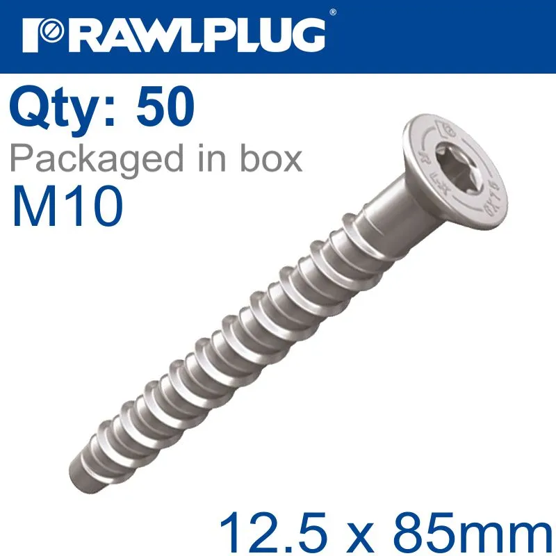 RAWLPLUG CONCRETE SCREW BOLT M10 12,5X85 MM CSK HEAD ZINC FLAKE COAT 50/BOX RAW R-LX-10X085-CS-ZF