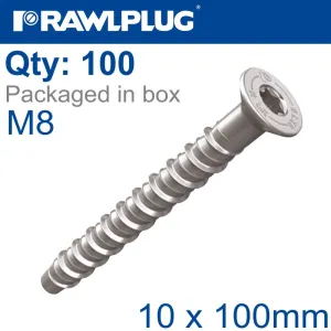 RAWLPLUG CONCRETE SCREW BOLT M8 10X100 MM CSK HEAD ZINC PLATED 100/BOX RAW R-LX-08X100-CS-ZP