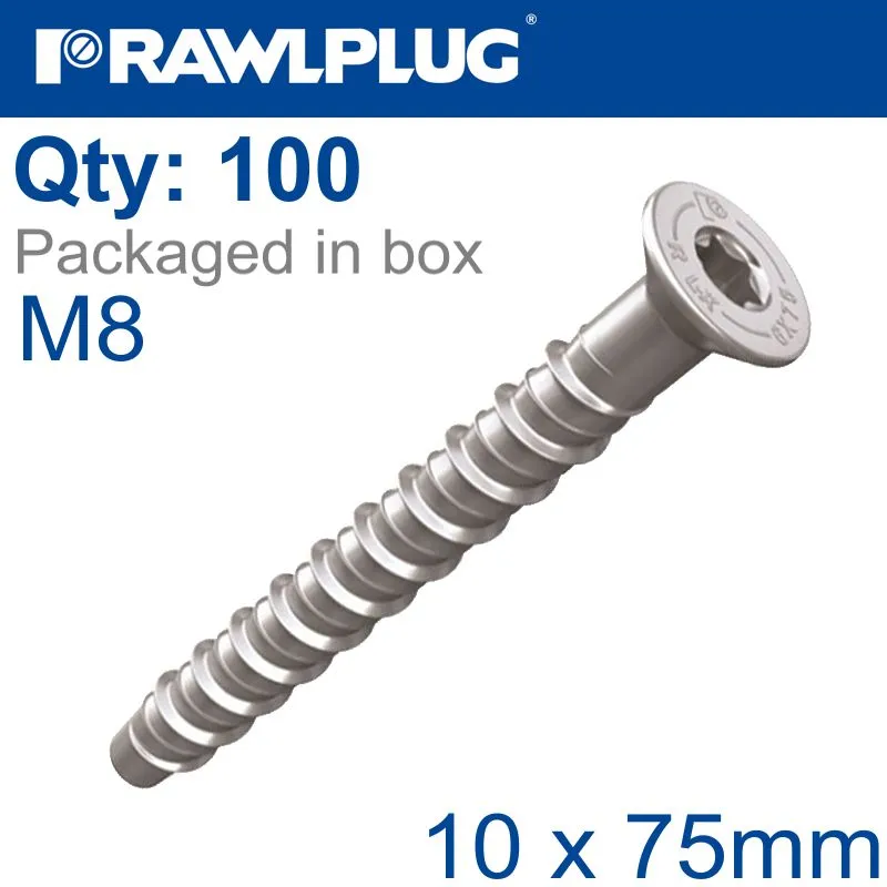 RAWLPLUG CONCRETE SCREW BOLT M8 10X75 MM CSK HEAD ZINC FLAKE COAT 100/BOX RAW R-LX-08X075-CS-ZF